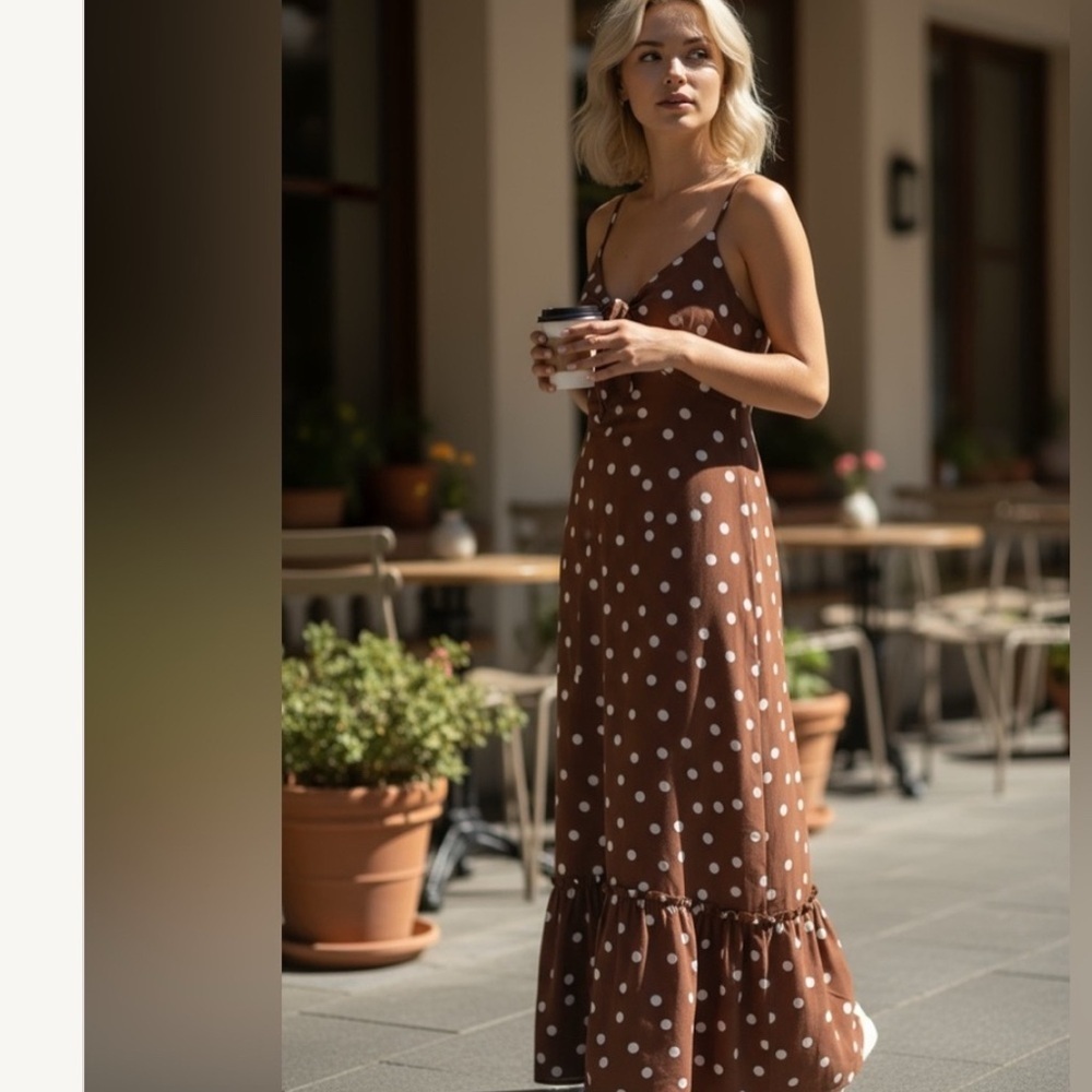 Monteau Brown PolkaDot tiered skirt Spaghetti Strap Front BowTie Maxidress M NWT